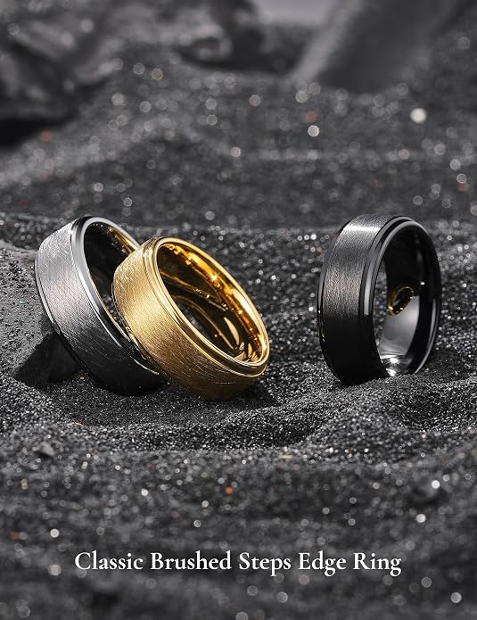 King Will Classic Tungsten Carbide Ring Brushed Two Grooved Center Hammered Design Mens Wedding Band for Men