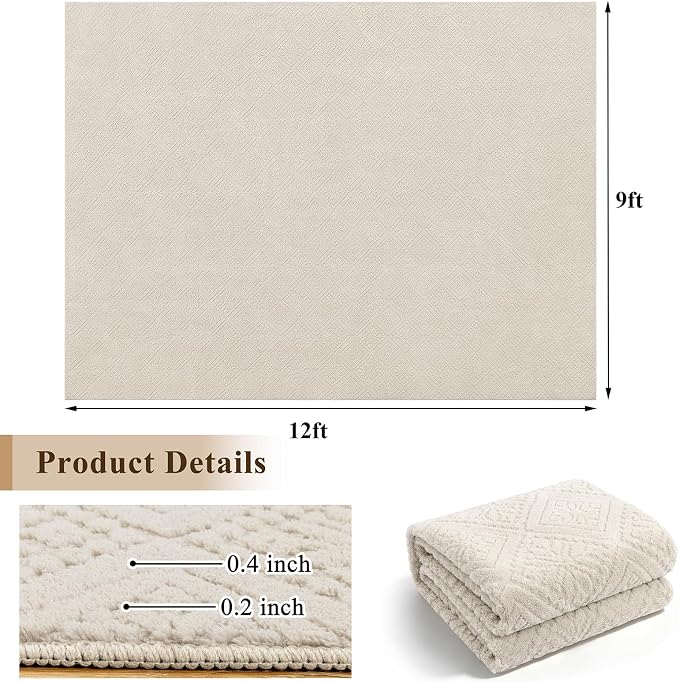 U'Artlines 9x12 Beige Washable Area Rug for Living Room, Soft Fluffy High Low Textured Carpet, Modern Neutral Geometric Non Slip Rugs for Bedroom Dining Room Kids Room