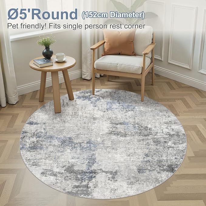 DMOYEST 5ft Round Area Rug for Living Room - 5x5 Washable & Non Slip Circle Rug, Kid & Pet Friendly Soft Low Pile Abstract Carpet for Bedroom and Dining Room - Grey Blue