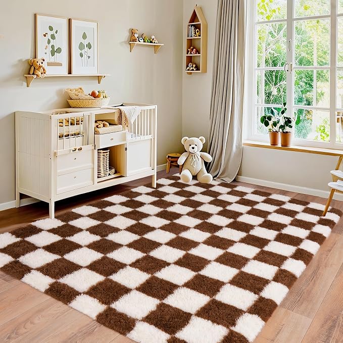 Pionblank Fluffy Area Rug for Bedroom 5x7, Modern Indoor Shag Carpet, Soft Plush Non Slip Checkered Rugs for Living Room Kids Room Home Decor, Brown and Cream White