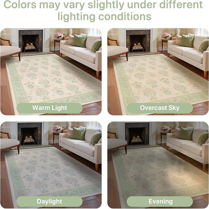 GENIMO 4x6 Vintage Floral Area Rug, Soft Microfiber Washable Rug with Non-Slip Backing, Green Carpet for Living Room, Bedroom and Dining Room