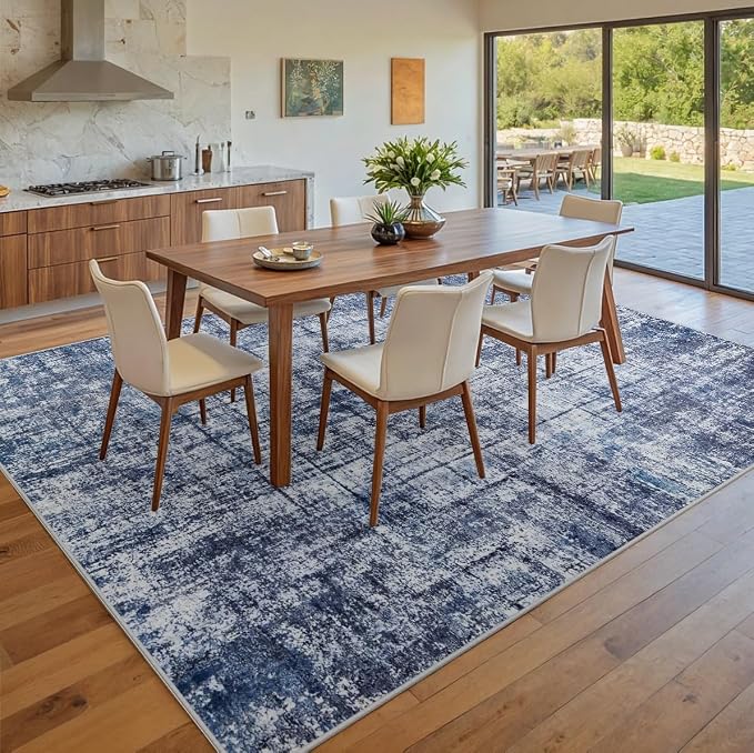 10x14 Area Rugs for Living Room Washable Rug: Anti-Skid Abstract Modern Living Room Rug Soft Thin Carpets Indoor Floor Non-Shedding Carpet for Bedroom Dining Farmhouse Nursery Navy Light Gray