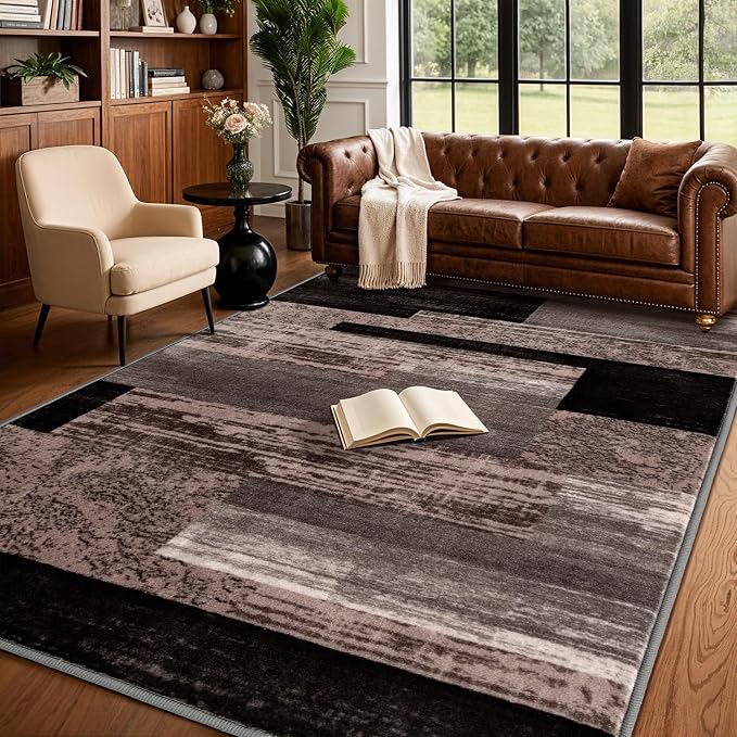 LIANLAM 6x9 Washable Area Rugs for Living Room and Bedroom(6x9,Black&Gray) | Non-Slip Large Carpet,Vintage Checkered Pattern, Stain Resistant Faux Wool Low Pile Soft Rug for Dining Room,Office,Nursery