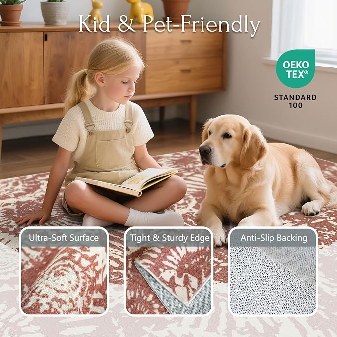 BLISSA Terracotta Modern 5x7 Area Rug - Ultra-Thin Washable Living Room Rug, Soft Non-Slip Geometric Neutral Abstract Rugs for Bedroom Kid Room Nursery Playroom Foyer Dining Room Rugs for Under Table