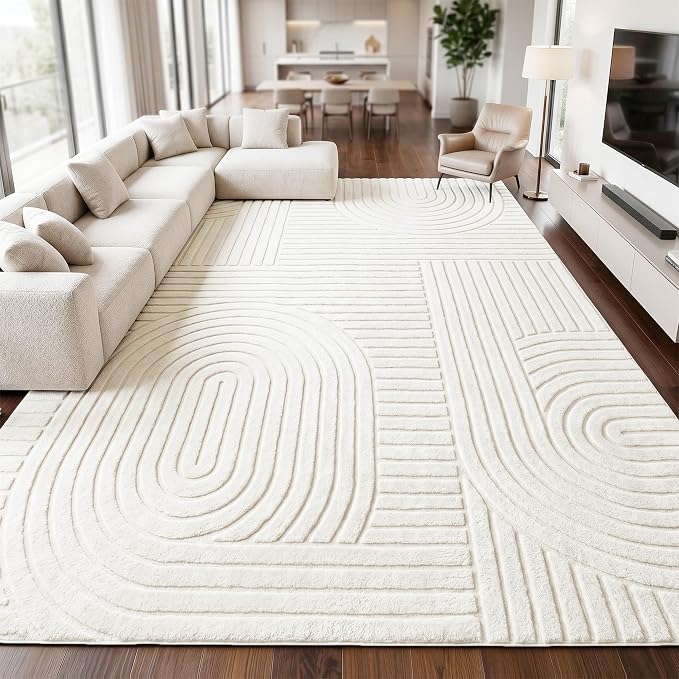 Washable Beige 9x12 Modern Geometric Area Rugs Living Room Bedroom | Soft Plush Boho Solid Color Carpet, High-Low Pile 3D textured Durable Non-Slip 9'x12' Rugs for Kids Room, Nursery, Apartment