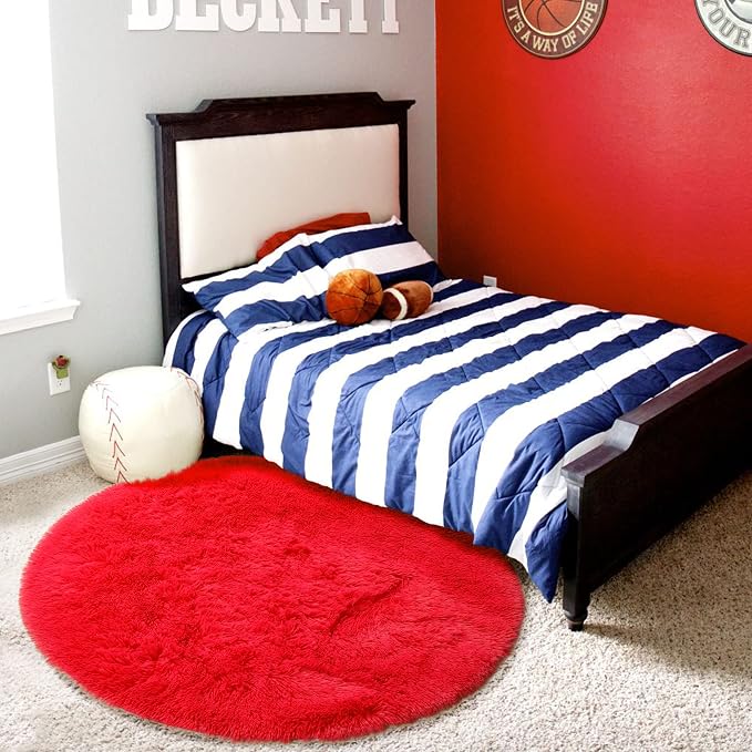 Red Small Round Rug 3Ft for Boys Bedroom, Fluffy Shag Circle Area Rugs for Kids Room Decor Aesthetic, Fuzzy Plush Fur Carpets for Living Room Nursery Dorm Classroom Playroom, Red Christmas Carpet