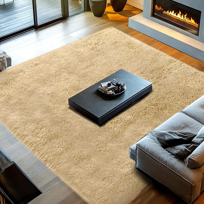 Large Rugs for Living Room 9x12: 9x12 Area Rugs for Living Room- Beige Shag Rug for Bedroom- Fuzzy Plush Modern Carpets for Kids Room (Beige, 9x12 Feet)