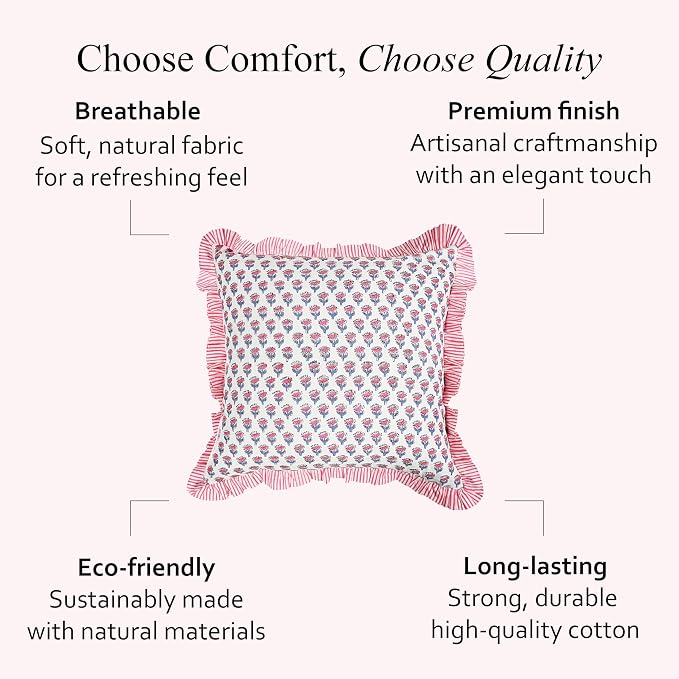 CPC Pink Sapphire Ruffle Throw Pillow Covers for Couch, 20x20 Inch Cotton Stripe Ruffle Couch Pillows for Living Room, Hidden 16 Inch Zipper Boho Pillow Case or Cute Outdoor Pillows