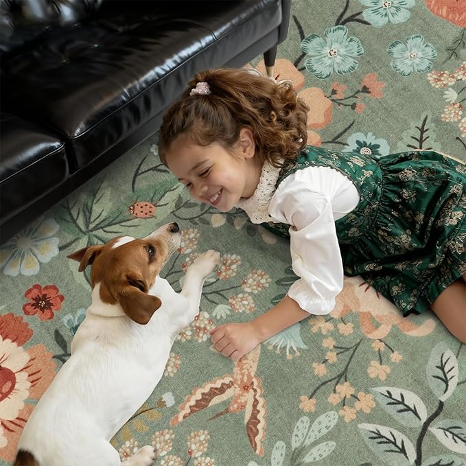 DCX Vintage Floral Rug 8x10, Washable Sage Green Rug for Living Room, Kid & Pet Friendly with Rubber Back Non Slip, Soft Low Pile Carpet, Stain Resistant Rug for Bedroom, Nursery, Dining Room