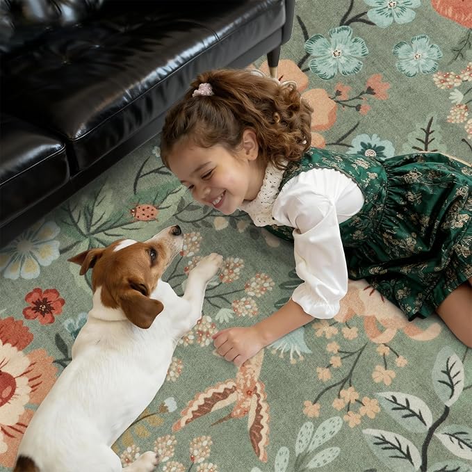 DCX Vintage Floral Rug 9x12, Washable Sage Green Rug for Living Room, Kid & Pet Friendly with Rubber Back Non Slip, Soft Low Pile Carpet, Stain Resistant Rug for Bedroom, Nursery, Dining Room