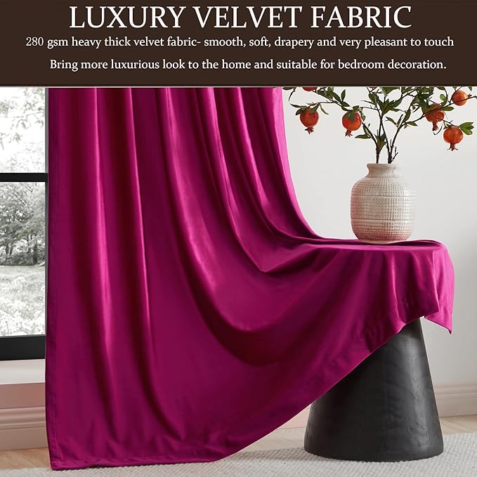 100% Full Blackout Hot Pink Velvet Curtains 96 inch Long for Living Room,Set of 2 Liner Rod Pocket Back Tab Thermal Window Curtains Room Darkening Heavy Decorative Curtains Drapes for Bedroom