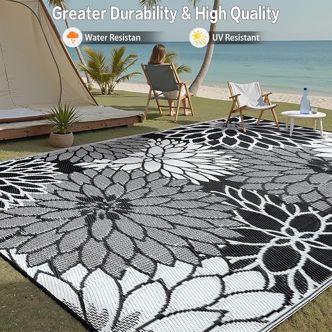 HUGEAR 6'x9' Outdoor Rug Waterproof Plastic Straw Rugs Black Reversible Floral Mat Floor Carpet for Camping RV Deck Entryance Porch Picnic Balcony Beach Backyard