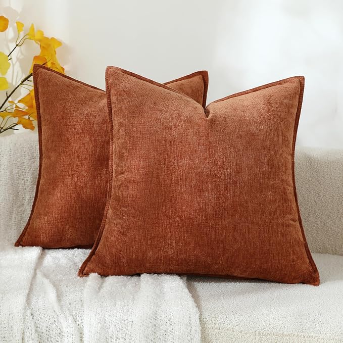 Stellhome Fall Chenille Decorative Pillow Covers 20x20 Inch Natural Burnt Orange Boho Farmhouse Neutral Soft Couch Throw Pillows for Bed Sofa Livingroom Pack of 2 Accent Modern Pillowcase Home Decor