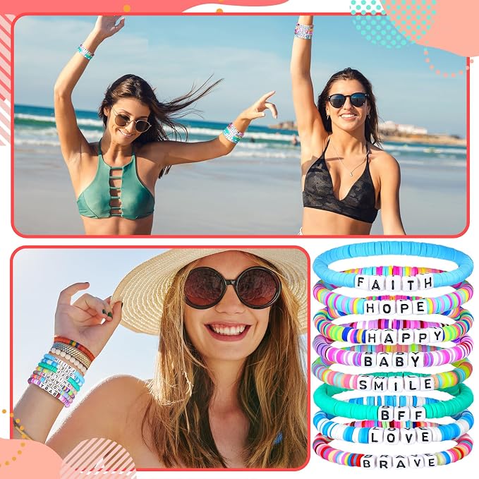 Landical 64 Pcs Friendship Bracelets Bulk Women Beaded Heishi Surfer Inspirational Stackable Party Favor Bracelet Pack Vinyl Beaded for Goody Bag Fillers Party Favors Gifts Valentine