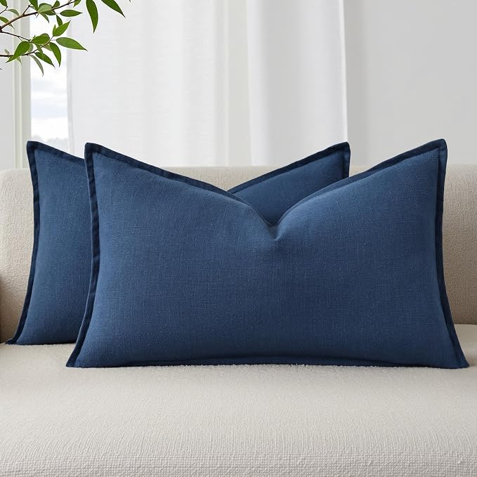 decorUhome Fall Blue Linen Throw Pillow Covers 12x20 Set of 2 | Decorative Soft Cozy Modern Farmhouse Boho Accent Pillow Cases with Flange Edges for Couch Bed Sofa Living Room Home Decor