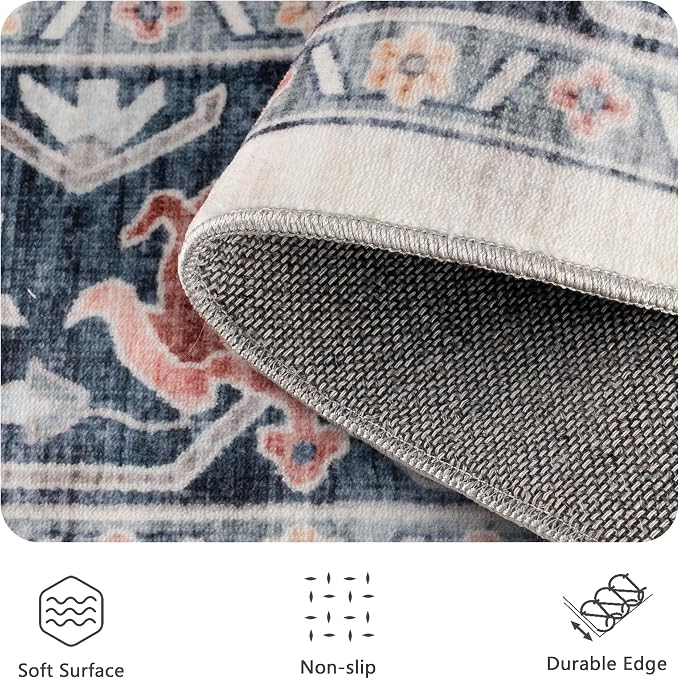 5x7 Area Rugs - Washable Rug Vintage Distress Boho Medallion Rugs for Living Room, Soft Non-Slip Backing Low Pile Carpet for Bedroom Dining Room Office Nursery Dorm Home, Blue Beige Orange