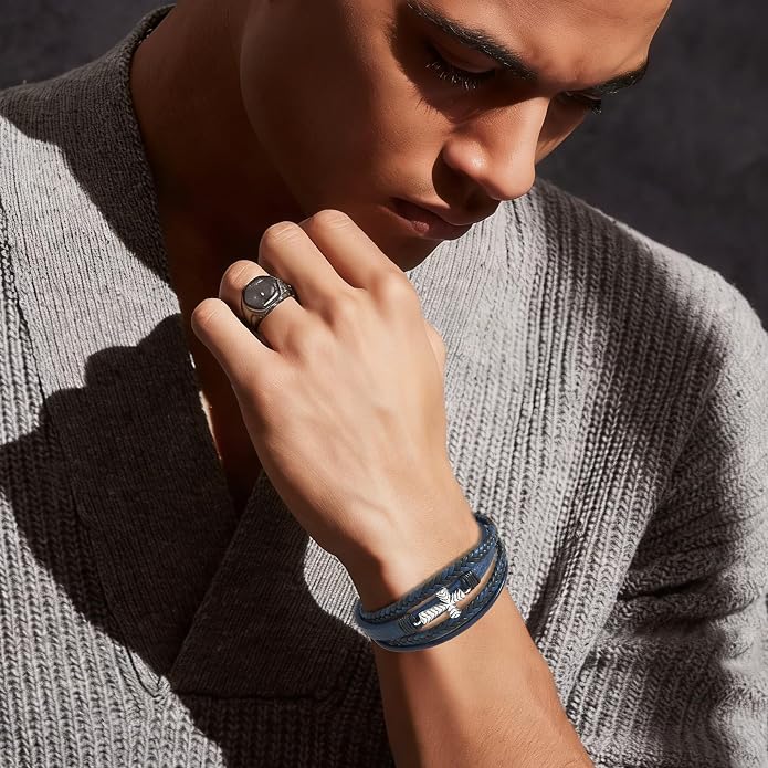 Men's Cross Leather Bracelet Vintage Christian Religious Faith Cuff Bangle Multi-Layer Braided Genuine Leather Wrap Wristband with Stainless Steel Clasp Jewelry for Women Him or Her