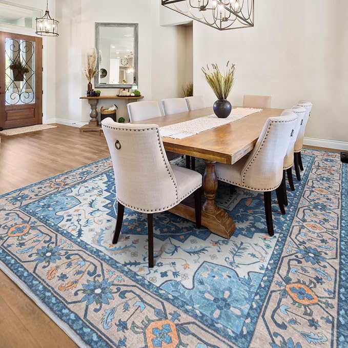 Lessymo 5x7 Area Rugs- Machine Washable Area Rugs, Super Soft Faux-Wool Area Rug for Living Room Bedroom, Boho Area Rug Vintage Floral Medallion Non-Slip Low Pile, Kid & Pet Friendly, Blue Brown