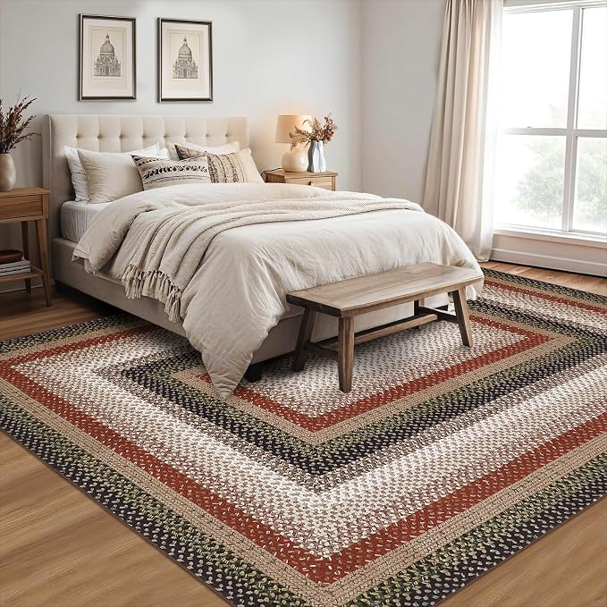 RUGSREAL 9x12 Braided Rug Washable Living Room Rug Modern Braid Printed Large Bedroom Rug with Rubber Backing Farmhouse Accent Large Carpet for Dining Room Home Decor Office, Crimson/Earthy