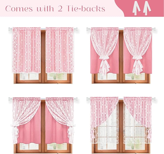 ASPMIZ Pink Kitchen Curtains Double Layer Curtains with Linen Lace, Linen Kitchen Window Curtain 36 inch Length, Farmhouse Tier Curtain with 2 Tiebacks, Rod Pocket Window Treatments for Cafe Bathroom