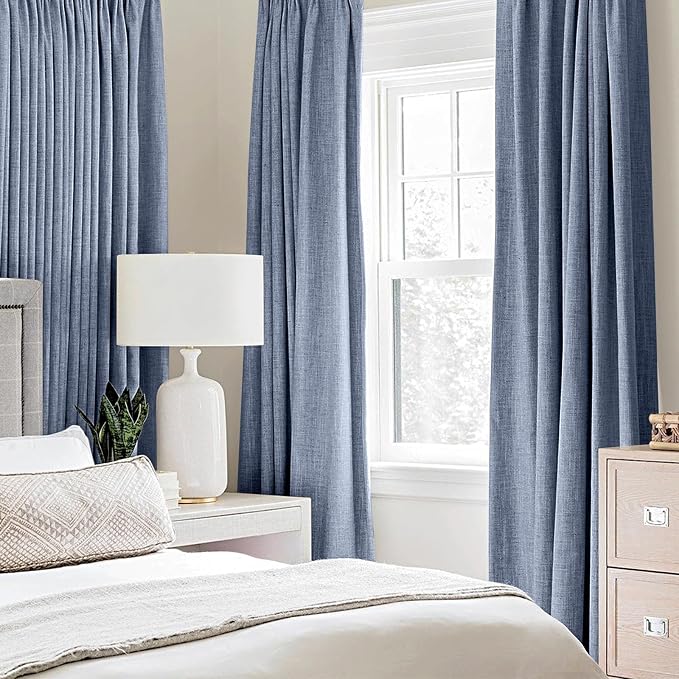 MIULEE Linen Texture Curtains for Bedroom Solid 100% Blackout Thermal Insulated Stone Blue Curtains Grommet Room Darkening Drapes Luxury Decor for Living Room 52x96 Inch (2 Panels)