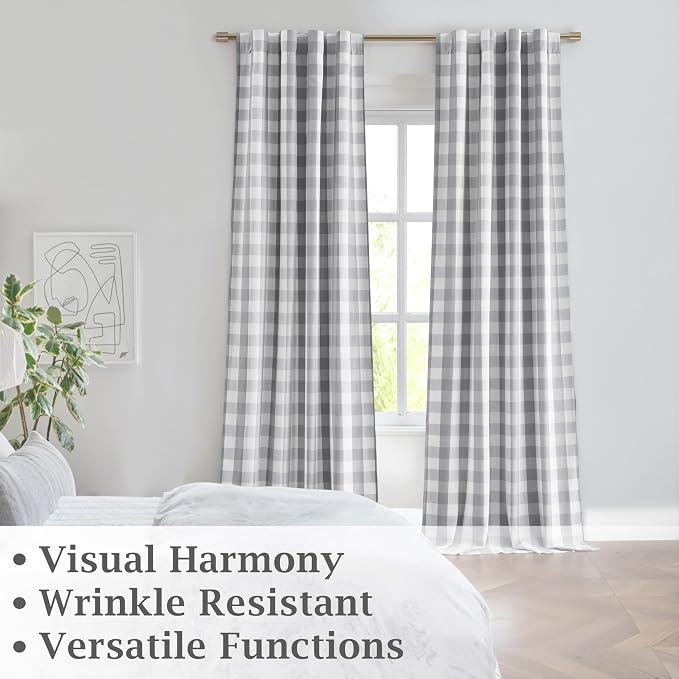 Grey White Buffalo Plaid Bedroom Curtain Panels 84 Inches Long | Farmhouse Full Blackout Drapes with Liner,Thermal Insulated Window Treatment for Living Room,Rod Pocket Back Tabs,40"Wx84"Lx2