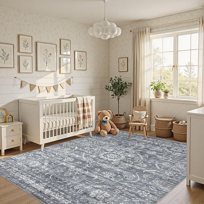 Nakagishi 7x9 Area Rugs Living Room: Washable Large Vintage Rug Neutral Non-Slip Soft Stain Resistant Indoor Carpet for Bedroom Nursery Dining Room Office Playroom - Retro Blue