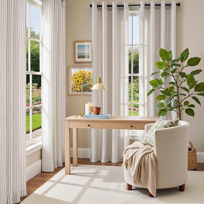 Vangao Linen Striped Curtains for Living Room Bedroom Farmhouse Tickingstripe Light Filtering Window Curtains Printed Drapes Grommet Top 2 Panels Taupe Grey W50 x L96 Inch