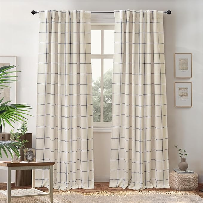 DriftAway 100% Blackout Plaid Curtains 84 Inches Long 2 Panels Navy Blue | 100% Blackout, Linen Texture, Plaid Pattern, Two Layers, Rod Pocket & Back Tab, Bedroom Living Room Use, Luxury Appearance