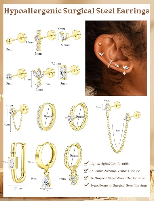 ORAZIO 20G Helix Piercing Jewelry Flat Back Cartilage Earrings for Women Surgical Stainless Steel Hypoallergenic Hoop Stud Earrings Set Tragus Helix Piercing Jewelry for Sensitive Ears Single Pc