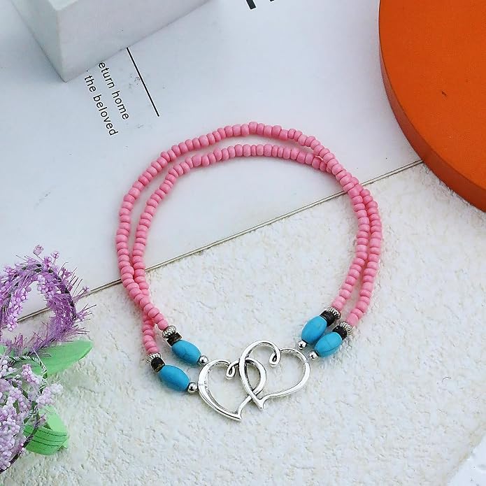 Elastic Beaded Ankle Bracelets for Women Double Heart Layered Stretch Ankle Bracelets Waterproof Dainty Boho Beaded Anklets for Summer Beach Foot Jewelry