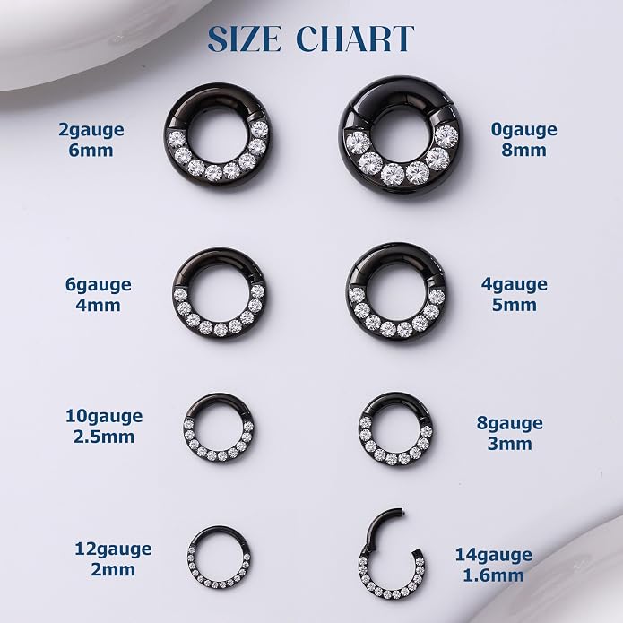 BodyBonita G23 Titanium 0G 2G 4G 6G 8G 10G 12G 14G CZ Septum Rings PA Nose Hoops Clicker Ear Weights for Stretched Ear Piercing Jewelry 10mm 12mm Silver/Gold/Black