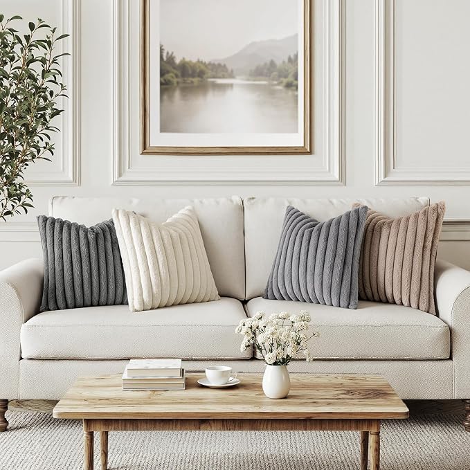 MIULEE Faux Fur Plush Decorative Throw Pillow Covers 20x20 Set of 4, Boho Farmhouse Soft Fuzzy Striped Cushion Covers for Sofa Couch Bed Living Room Vintage Rustic Home Decor,Grey Taupe