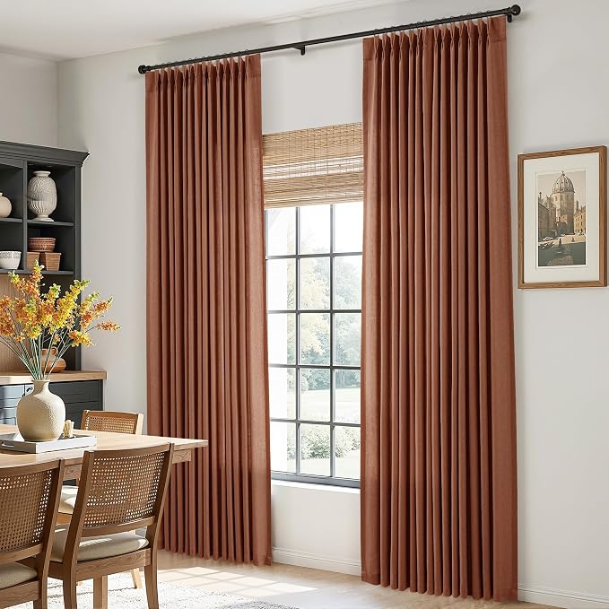 Aersas Rust Pinch Pleated Linen Curtains 112 Inches Long for Living Room 2 Panels Set Pinch Pleat Drapes Back Tab Farmhouse Ceiling Floor 112 Inch Length Window Curtain Bedroom