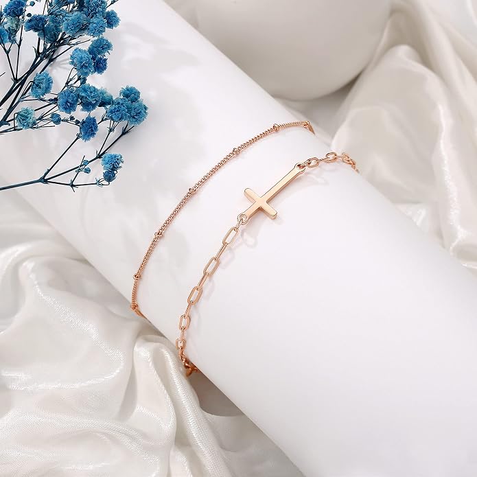 Dainty Gold Bracelets for Women, 14K Gold Plated Adjustable Layered Beads Bracelet Cute Evil Eye Oval Chain Pearl Bar Turtle Gold Bracelets for Women Jewelry