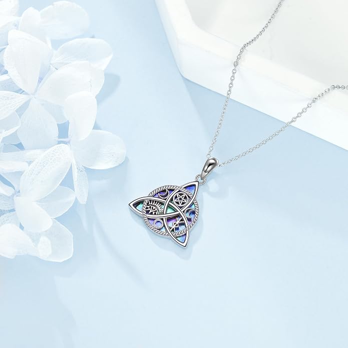 YFN Triple Moon Goddess Necklace Sterling Silver Pentagram Pentacle Opal Pendant necklace Pagan Wiccan Magic Amulet Tree of Life Jewelry for Women Men 18"