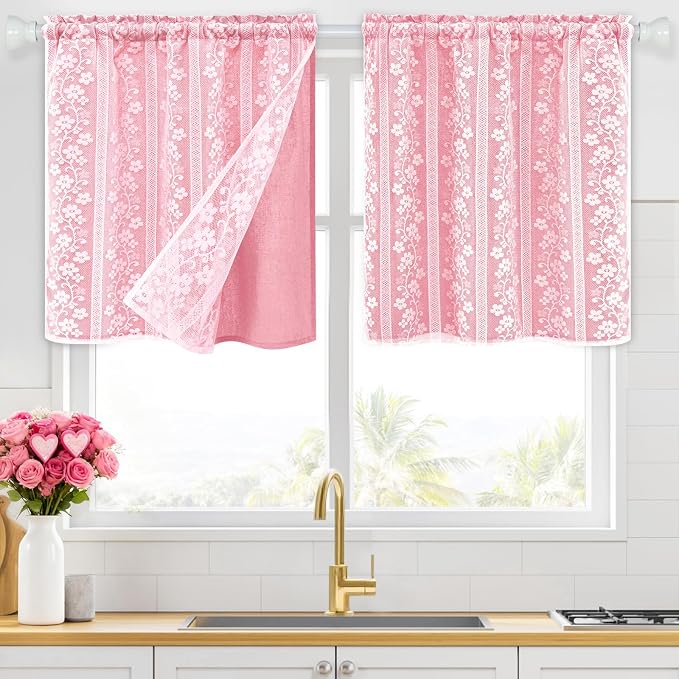 ASPMIZ Pink Kitchen Curtains Double Layer Curtains with Linen Lace, Linen Kitchen Window Curtain 24 inch Length Farmhouse Tier Curtain for Small Windows Rod Pocket Window Treatments for Cafe Bathroom