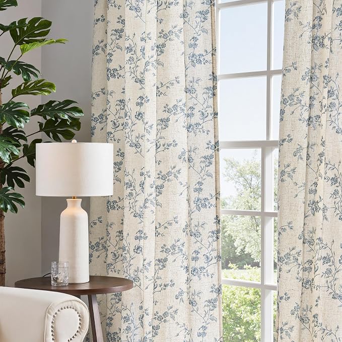 jinchan Blue Floral Linen Curtains 84 Inch Country Drapes Back Tab 2 Panels | Blue on beige, light filtering, semi sheer, farmhouse, rustic, privacy, bedroom, living room, laundry, window treatment