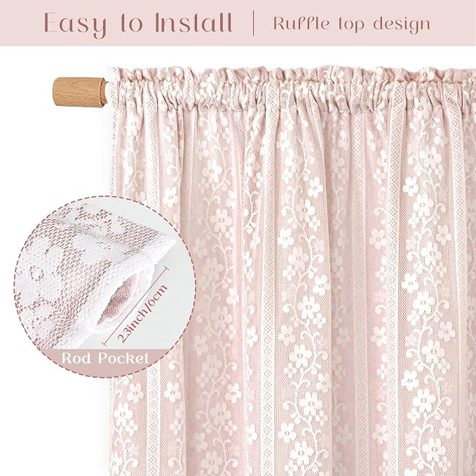 ASPMIZ Linen Pink Kitchen Tier Curtains 36 Inch Length, Double Layered Kitchen Curtain with Linen and Lace, Rod Pocket Window Curtains with Tiebacks, Boho Window Treatments for Bathroom Cafe, 2 Panel