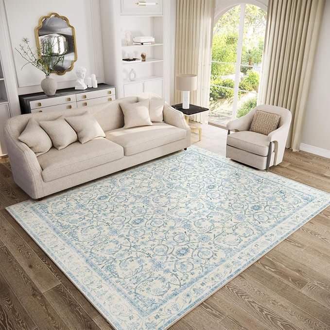 Washable Rugs for Living Room: 5x7 Area Rugs for Bedroom Ultra Soft Non-Slip Low Pile Vintage Boho Large Carpet for High-Traffic Dining Room - Farmhouse Decor