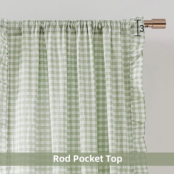 ZJDECOR Farmhouse Sage Green Buffalo Plaid Ruffled Window Curtains 72 Inch | Crinkle Not-See-Through Sheer Drapes,Cotton Blended Drapes,Window Treatment,Bedroom Living Room,Rod Pocket,40"Wx72"Lx2