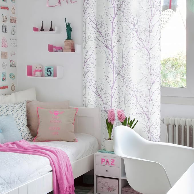 FMFUNCTEX Linen Lilac White Semi Sheer Print Curtains 84 Inch Long 2 Panels | Branch Sheer Patterned Drapes, Light Filtering Grommet Panels for Bedroom, Living Room, Basement, and Farmhouse Curtain