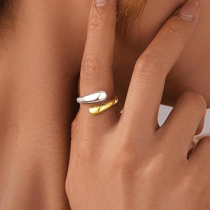 Non Tarnish Gold Chunky Rings for Women, 14K Gold Plated Statement Dome Rings Stacking Silver, Adjustable Mens Eternity Wedding Band Mixed Metal Jewelry Size 3-13