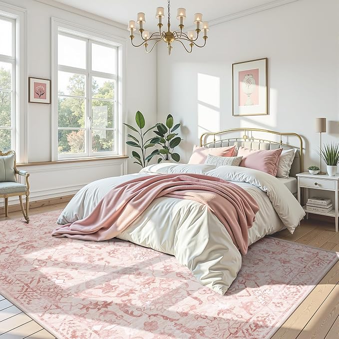 Pink Area Rugs 8x10 Rugs for Living Room, Traditional Washable Rugs for Bedroom Distressed Large Area Rug Living Room Rug Non Slip Rug Carpet for Dining Nursery