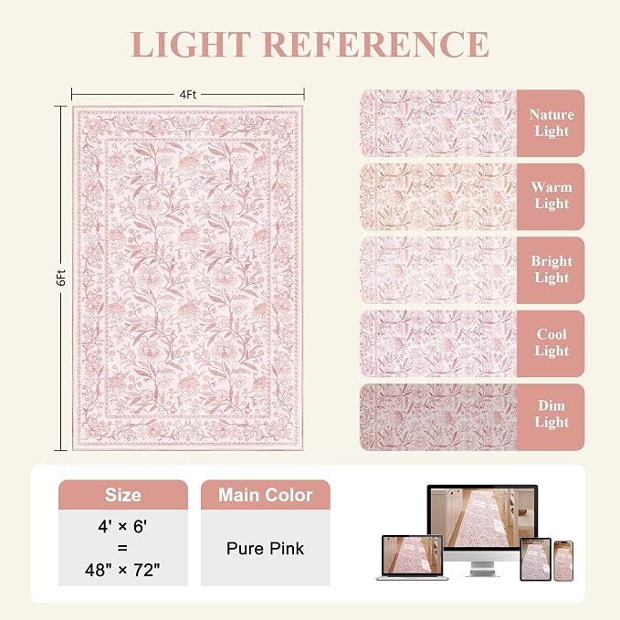 DUKINO 4x6 Area Rug, Washable Vintage Floral Rug for Living Room Light Pink | Non Slip, Low Pile, Stain Resistant Boho Lightweight Soft Indoor Carpet for Bedroom Office Dining Room Entryway Farmhouse