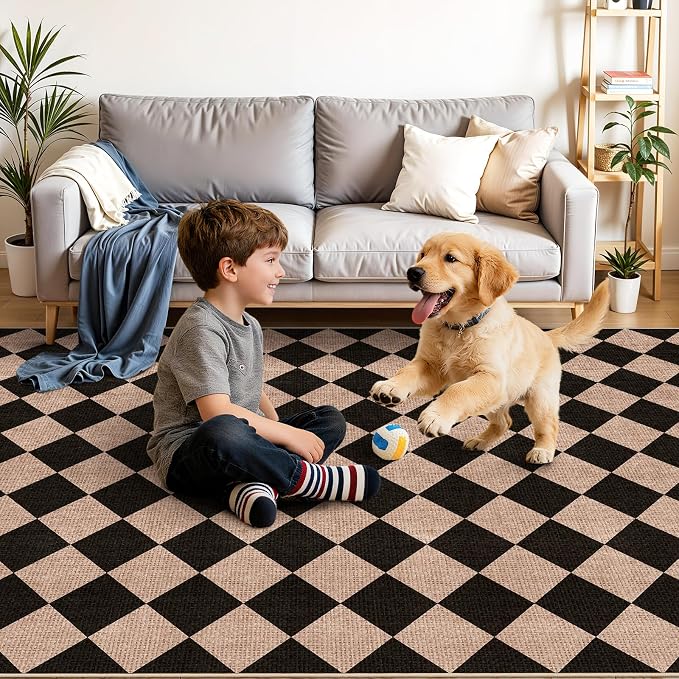 2x8 Checkered Runner Rug Hallway: Washable Faux Jute Indoor Farmhouse Style | Non Slip Backing Narrow Floor Runners Entryway Kitchen Living Room Bedroom Durable Low Pile Textured Carpet (Black/Brown,2x8)