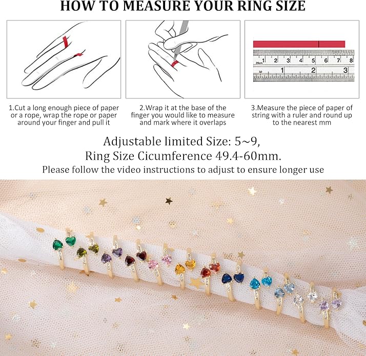 Yaresul 1CT Adjustable Women Heart Ring 14K Gold Plated Birthstone Rings for Women Promise Ring for her Simulated Gemstone Statement Stackable Band Width 2mm Open Size 5~9