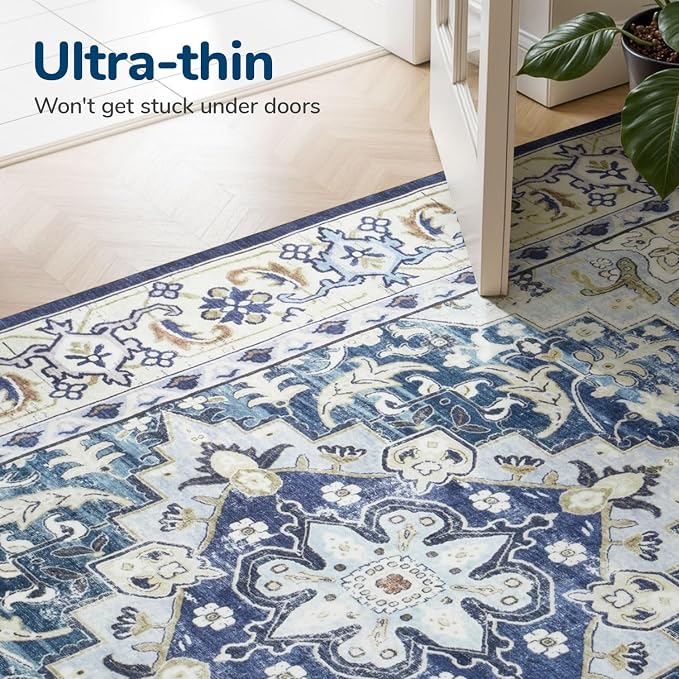 Lessymo 8 x 10 Area Rugs for Living Room, Machine Washable Area Rugs Boho Faux Wool Low Pile Area Rug for Bedroom, Floral Medallion Vintage Rugs with Non-Slip Rubber, Kid & Pet Friendly,Dark Blue