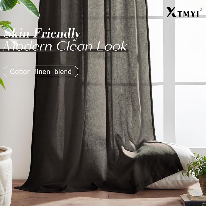 XTMYI Brown Curtains 84 Inch Length 2 Panels Set for Living Room,Linen Semi Sheer Light Filtering Rustic Farmhouse Curtains Drapes 84 Inches Long