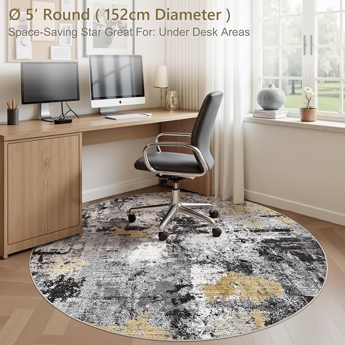 Abstract 5FT Round Rug: Machine Washable Non Slip Ultra Thin Low-Pile Carpet, Soft Stain Resistant for Living Room Bedroom Nursery, Kid Pet Friendly, Robot Vacuum Compatible - Black Gold